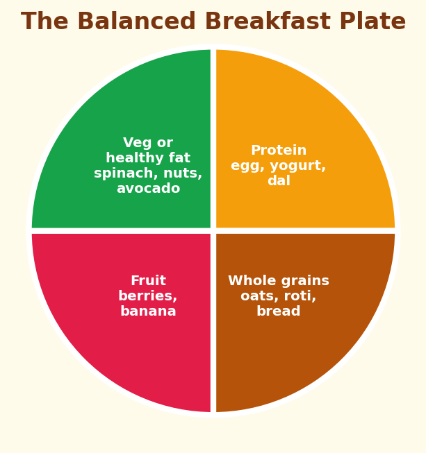 Balanced breakfast plate with protein, whole grains, fruit, and vegetables or healthy fats