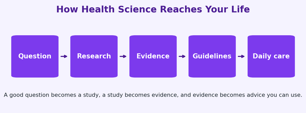 Flow from research question to evidence, guidelines, and daily care